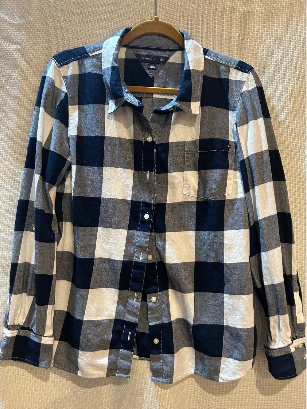 Tommy Hilfiger womens Large Navy Blue and White Checkered Flannel Shirt